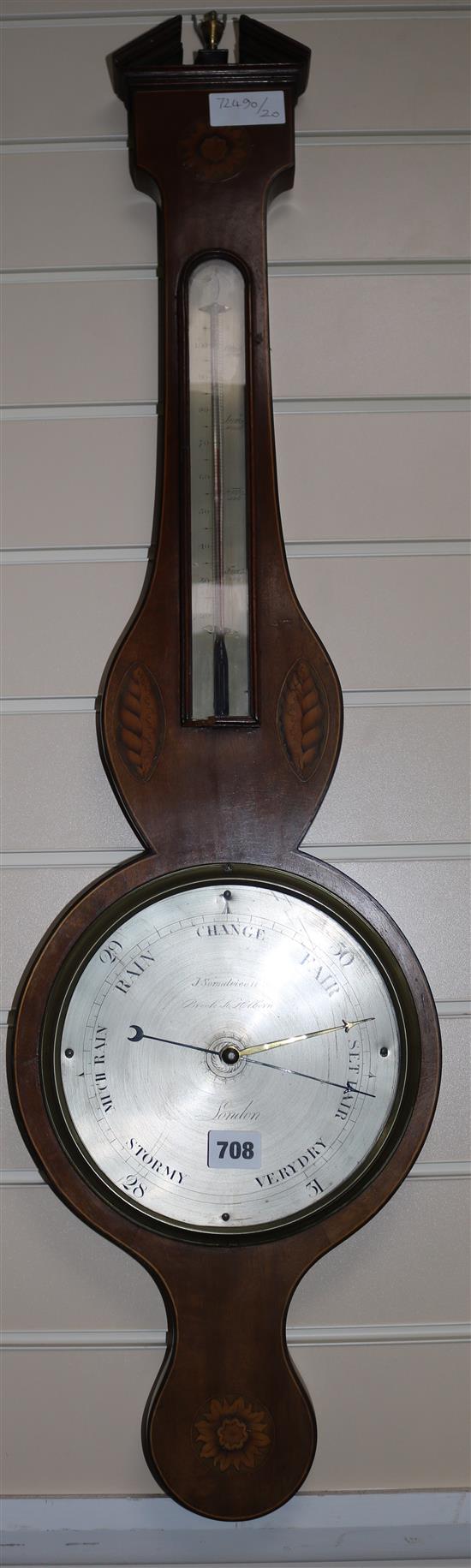 A Regency mahogany and marquetry banjo barometer, by J. Somalvicoll, Brook Street, Holborn, L.98cm